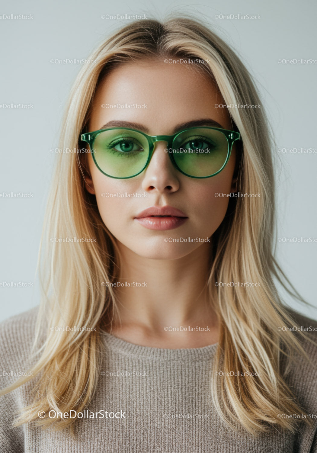 Fashionable Blonde Woman with Green Sunglasses in Studio Portrait