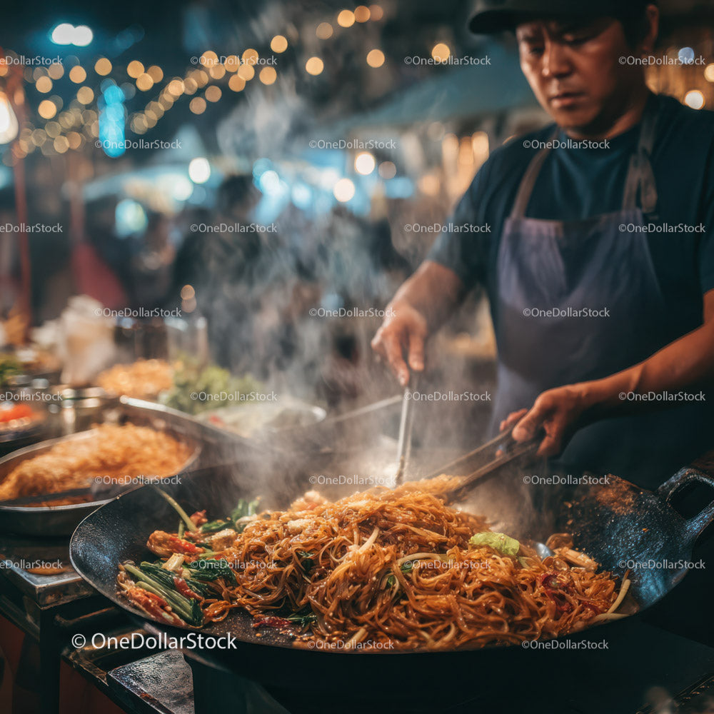 Chef Stir-Frying Noodles in a Vibrant Night Market