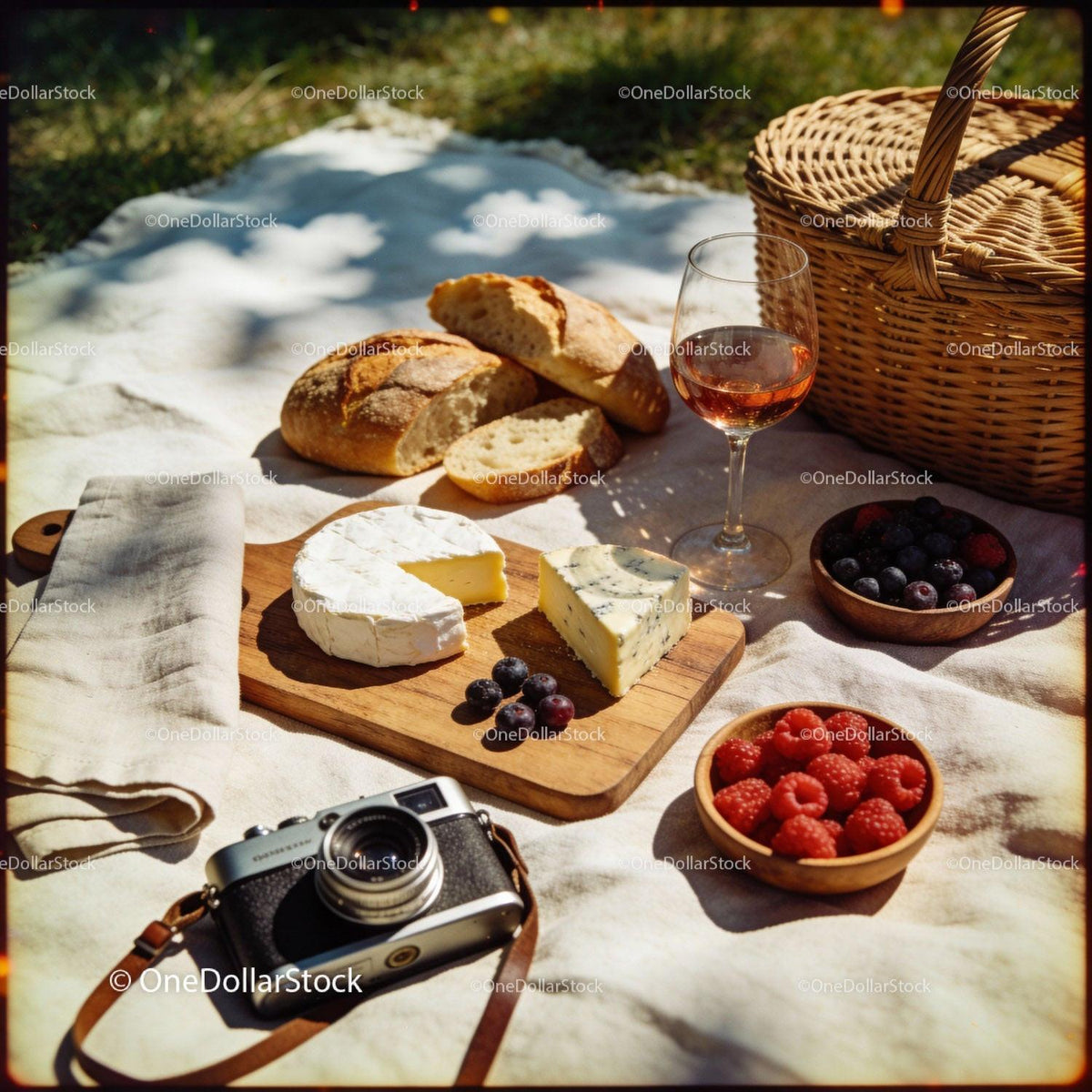 Cozy Summer Picnic with Cheese, Berries, and Wine