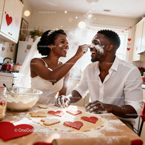 Joyful couple baking heart shaped cookies together