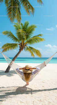 Tropical Beach Scene with Hammock and Palm Trees for Relaxation