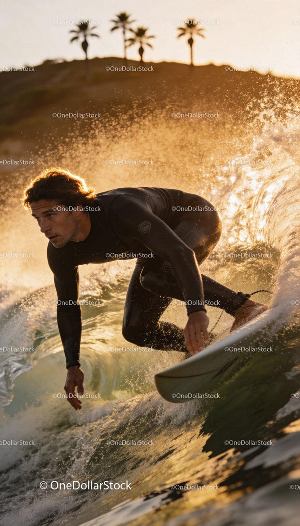 Focused surfer carving wave at golden hour