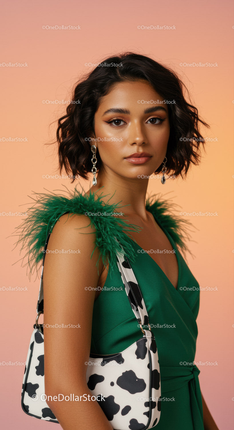 Elegant Woman Wearing Green Dress and Cow Print Bag with Statement Earrings