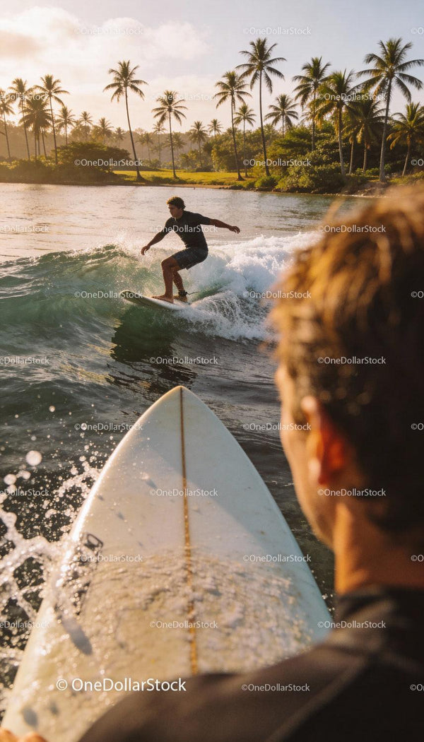 Surfer Riding Wave with Tropical Islands in the Background