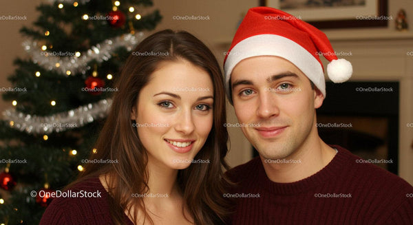 Young couple smiling near decorated Christmas tree