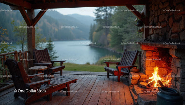 Rustic Porch with Fireplace Overlooking Mountain River Scene