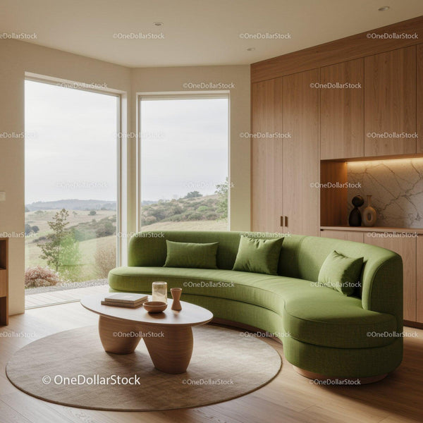 Modern living room with curved green sofa and scenic view