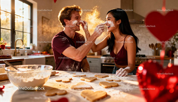 Couple Playfully Baking Heart Cookies Together at Home