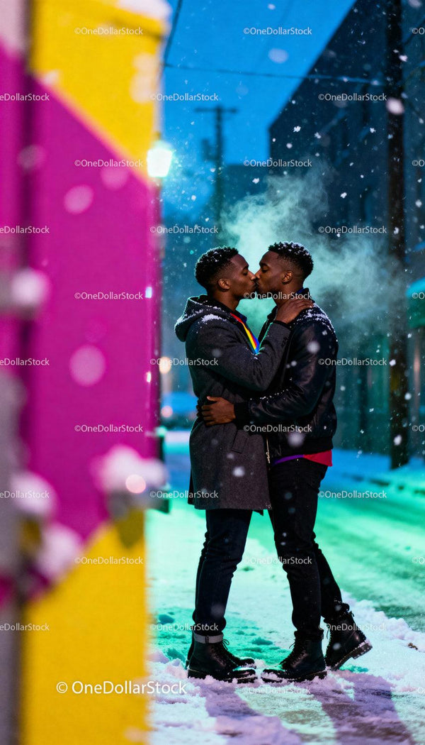 Couple sharing a tender kiss on a snowy urban night