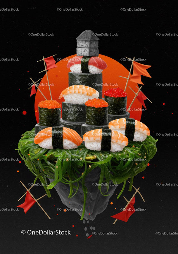 Creative sushi arrangement with seaweed and red accents