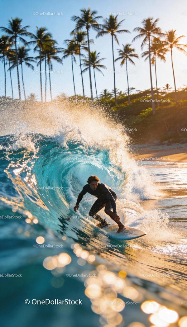 Surfer Riding Crystal Clear Wave Near Tropical Shore