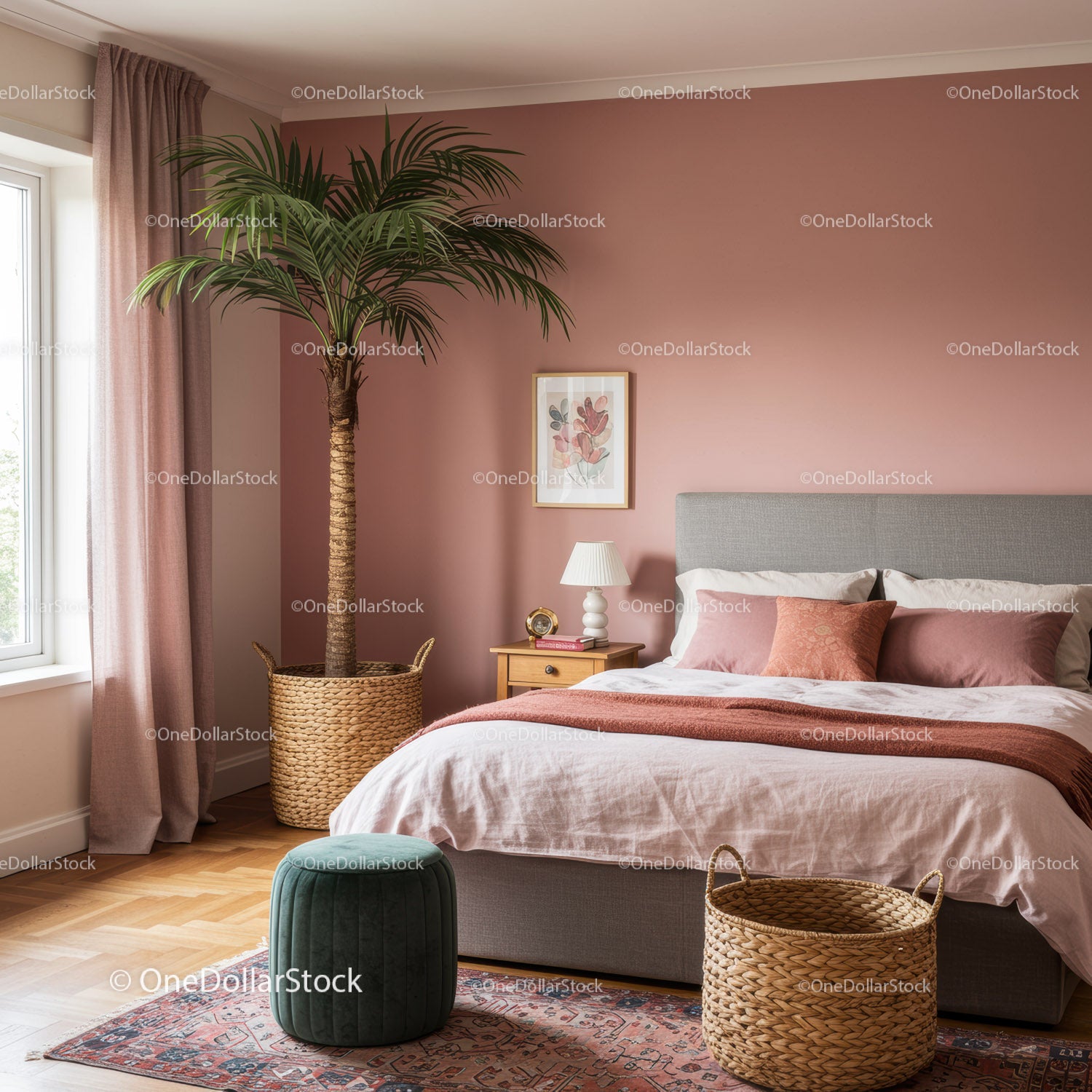 Cozy Bedroom with Pink Wall and Tall Green Houseplant Decorations