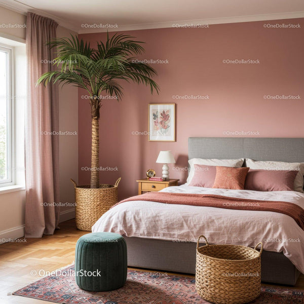Cozy Bedroom with Pink Wall and Tall Green Houseplant Decorations