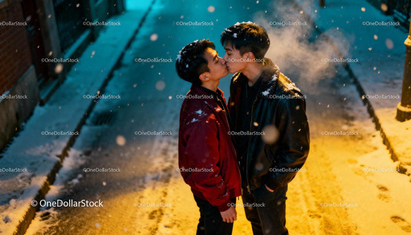 Young couple sharing a tender kiss on snowy street