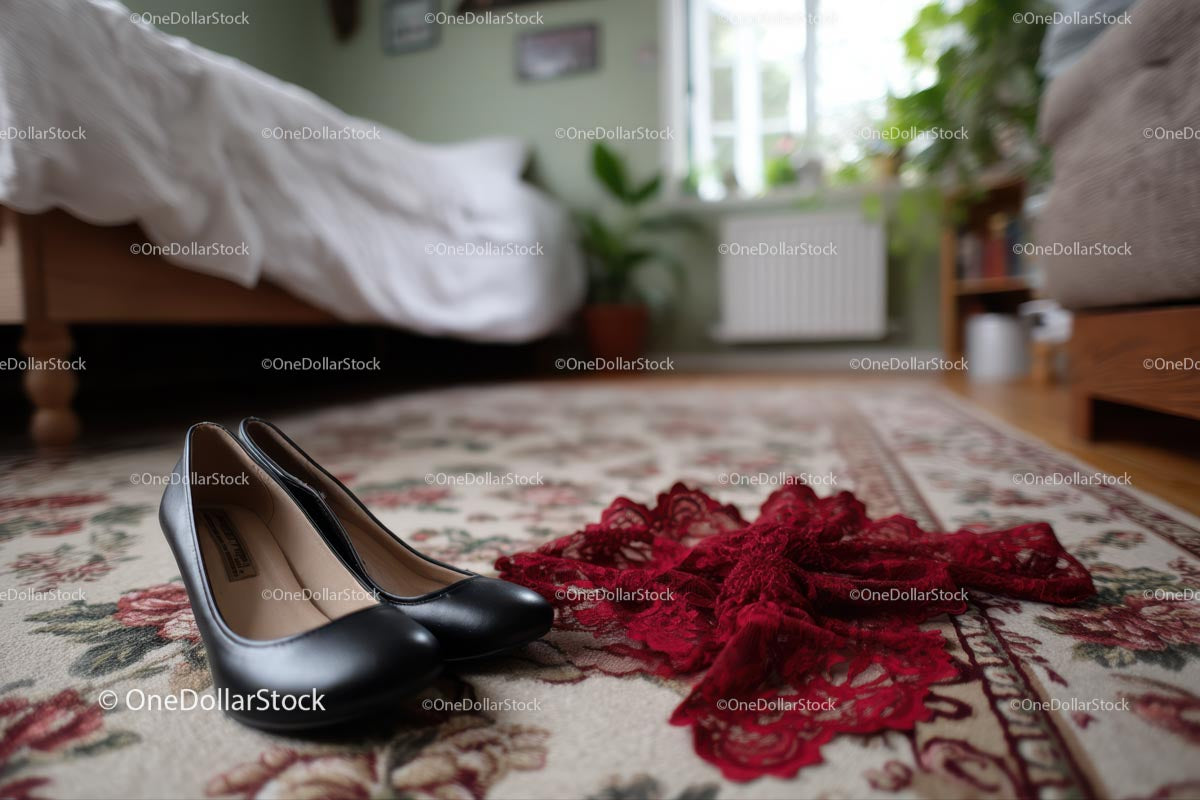 Chic Black Heels and a Red Lace Dress in a Cozy Bedroom Setting
