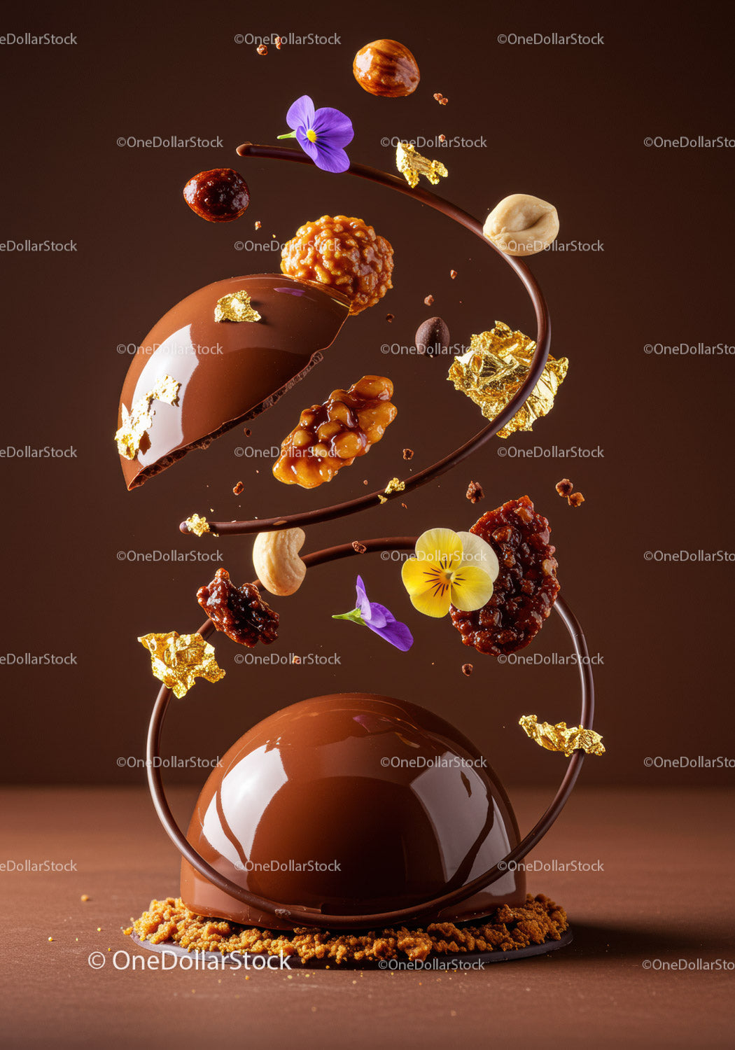 Elegant chocolate dessert with nuts and edible flowers