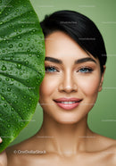 Beautiful Woman with Fresh Green Leaf in Natural Skin Care Setting