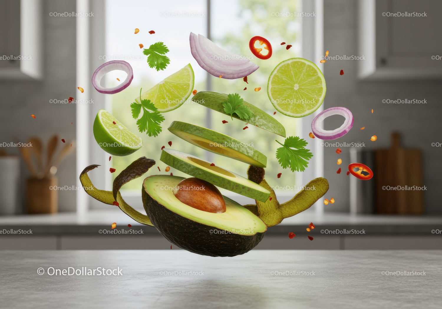 Sliced avocado with lime and herbs in midair