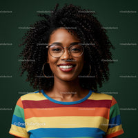 Vibrant Woman with Curly Hair and Glasses Wearing Colorful Stripe T-Shirt