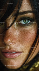 Close-up of a woman's face with green eye and freckles with makeup