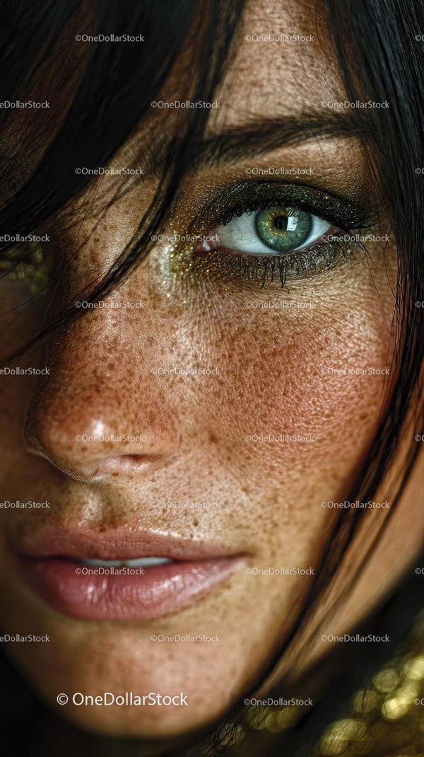 Close-up of a woman's face with green eye and freckles with makeup