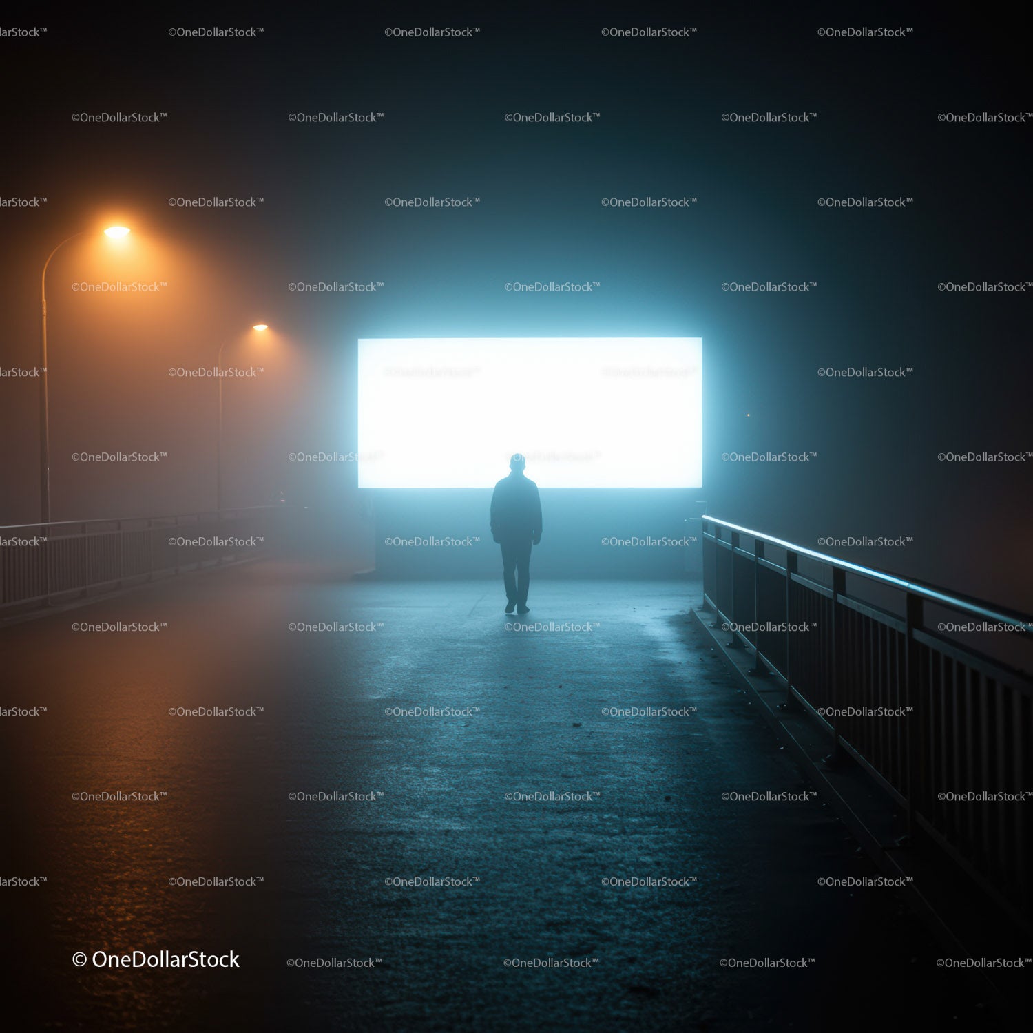 Silhouetted figure walking toward bright billboard on foggy night