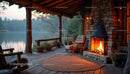 Rustic Lakeside Porch with Fireplace and Cozy Wooden Furniture