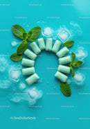 Fresh Mint Chewing Gum with Ice Cubes on Blue Background