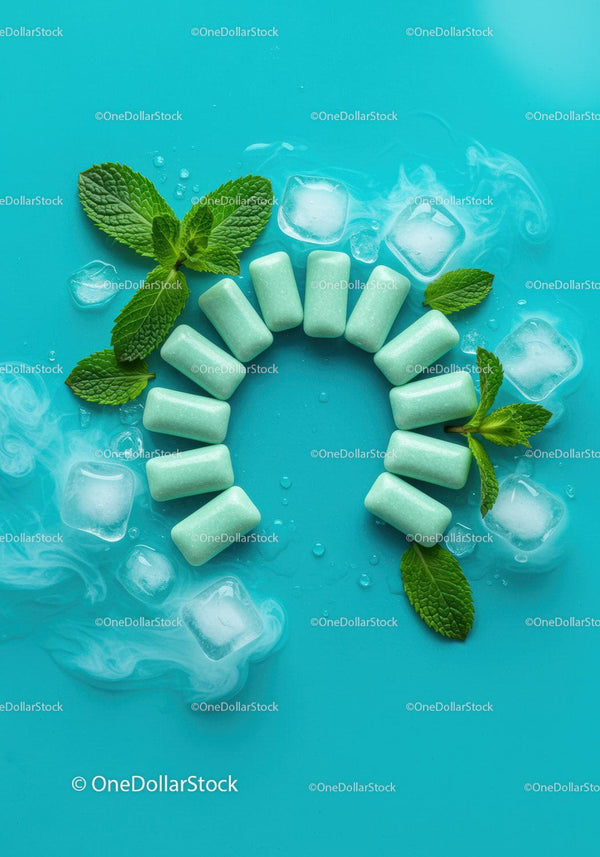 Fresh Mint Chewing Gum with Ice Cubes on Blue Background