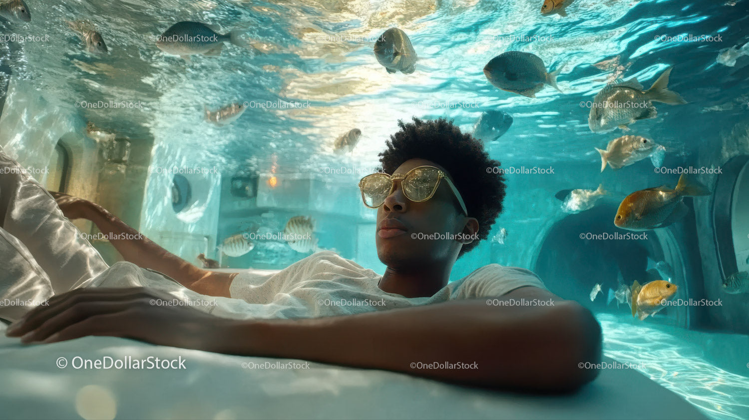 Young Man Relaxing Underwater Amidst Fish in a Clear Blue Pool