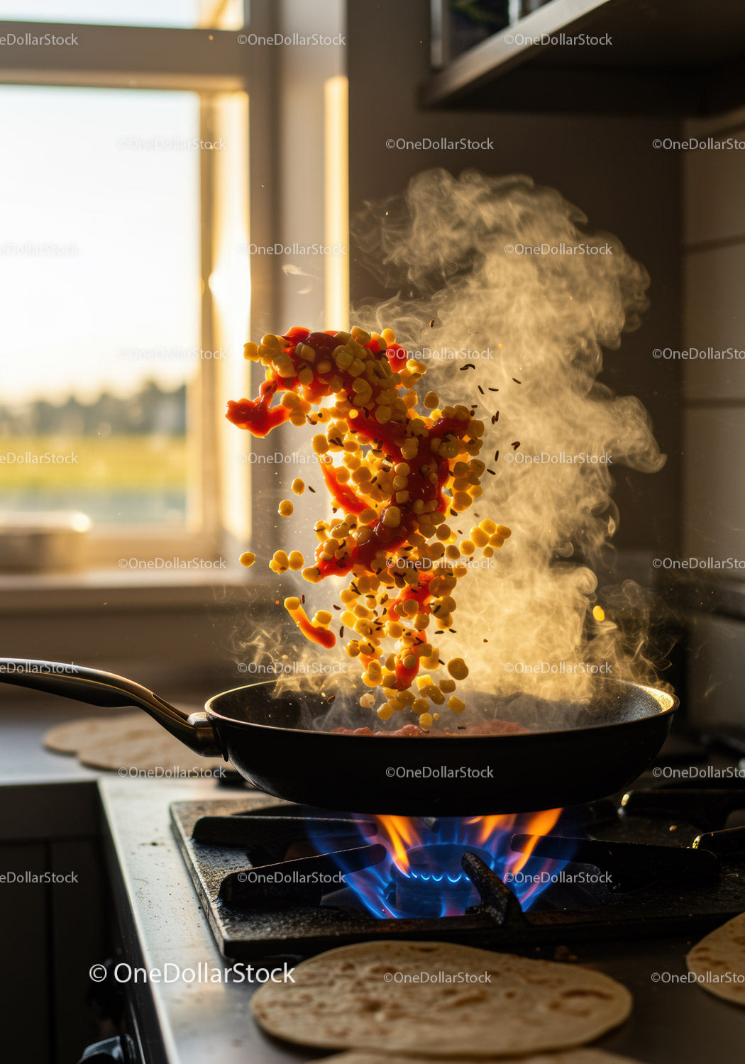 Sautéing corn and red peppers over open flame stove