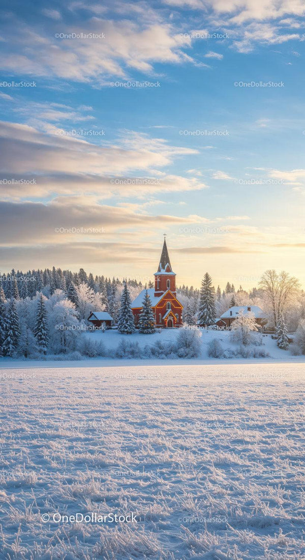 Snow-covered red church with winter forest at sunset