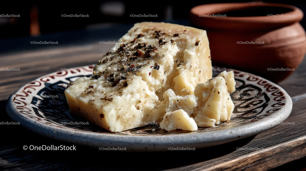 Blue Cheese and Rustic Bread on Decorative Plate in Food Setting