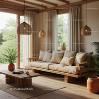 Cozy living room with natural wood and greenery accents