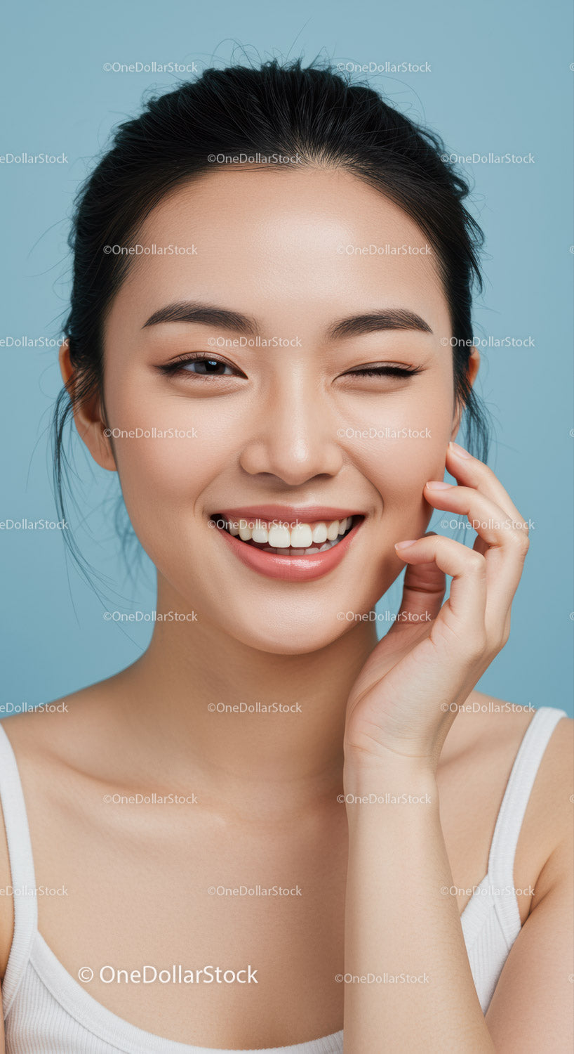 Young Woman Smiling Cheerfully with Bright Eyes and Perfect Teeth