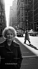 Elderly Woman in Busy City Street Surrounded by Vintage Cars