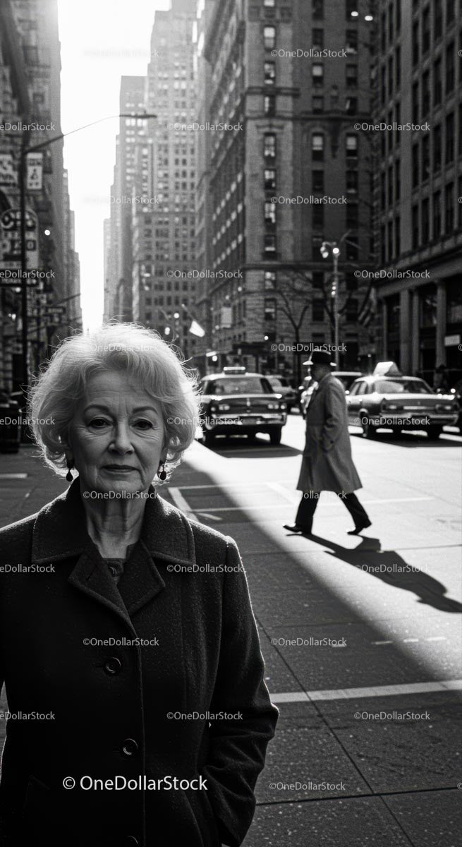 Elderly Woman in Busy City Street Surrounded by Vintage Cars