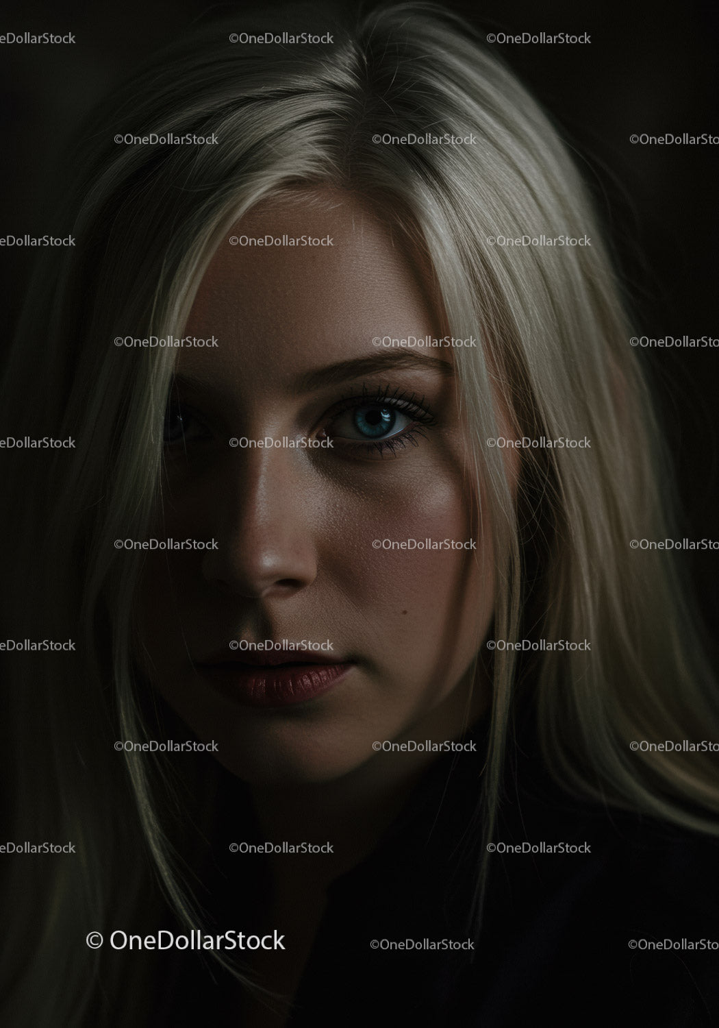 Closeup portrait of thoughtful blonde woman with blue eyes