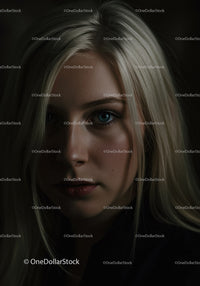 Closeup portrait of thoughtful blonde woman with blue eyes