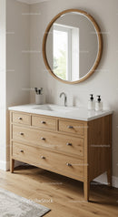 Modern Wooden Bathroom Vanity with Oval Mirror and Natural Light