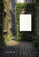 Blank poster surrounded by green ivy in narrow cobblestone alley