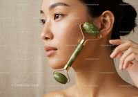 Woman Using Jade Roller for Facial Skin Rejuvenation and Relaxation