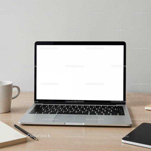 Minimalist workspace with laptop and coffee mug JPG Mockup Image