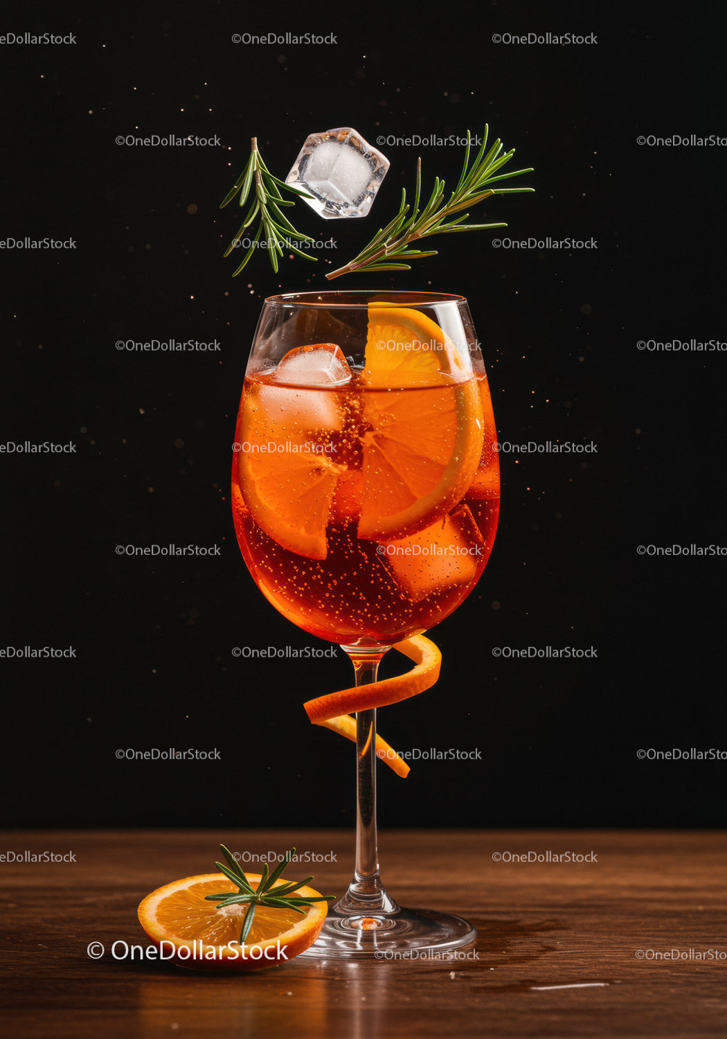 Refreshing orange cocktail with ice and rosemary garnish