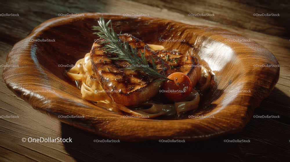 Grilled Salmon Fillet with Creamy Pasta and Cherry Tomatoes in Rustic Bowl