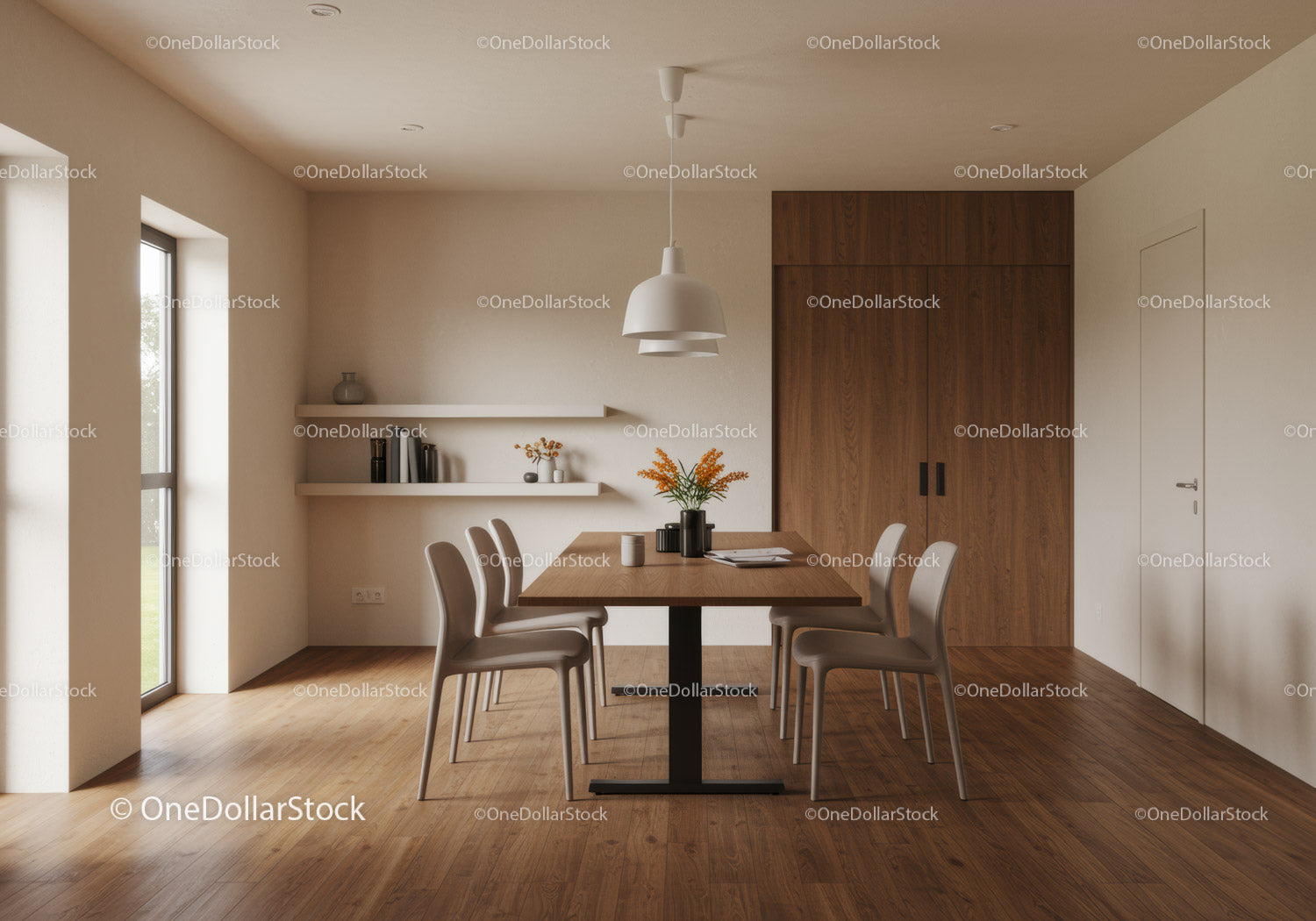 Minimalist Dining Room with Wooden Table and Modern Decor