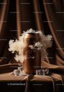 Chilled brown can surrounded by mist and ice cubes