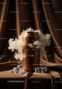 Chilled brown can surrounded by mist and ice cubes