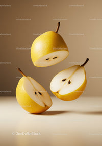 Floating fresh yellow pears cut in half on beige background