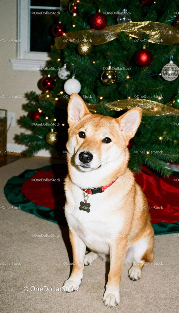 Pies Shiba Inu siedzący przy świątecznej choince